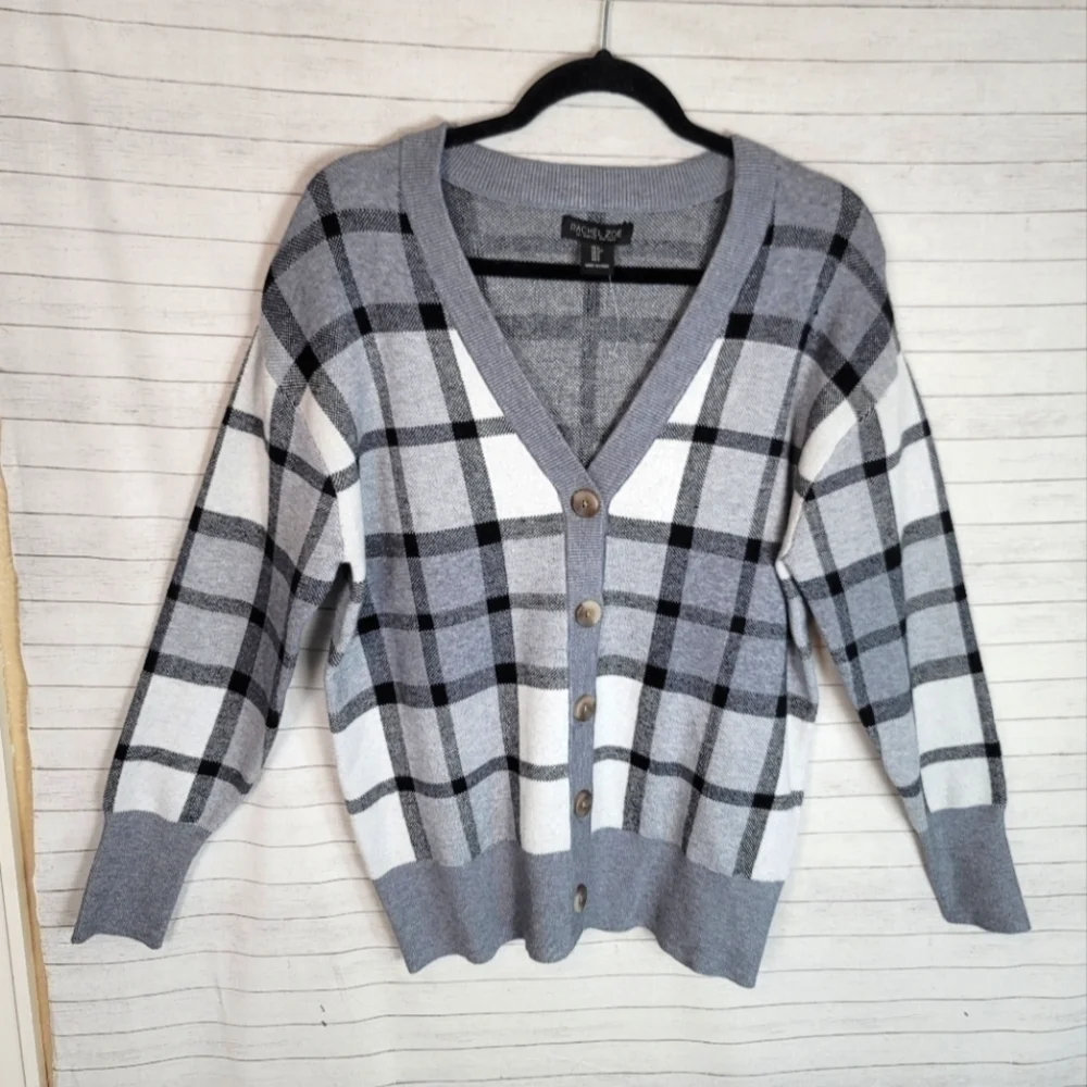 RACHEL ZOE GRAY PLAID V NECK BUTTON UP CARDIGAN SWEATER, SZ SMALL